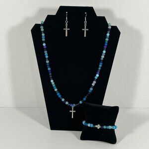 Jewelry Set (Necklace, Bracelet, and Earrings) Silver Cross Blue Beads NWT